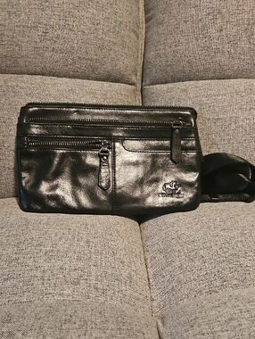 Black Genuine Leather Crossbody Waist Bag with Front Zip Pockets